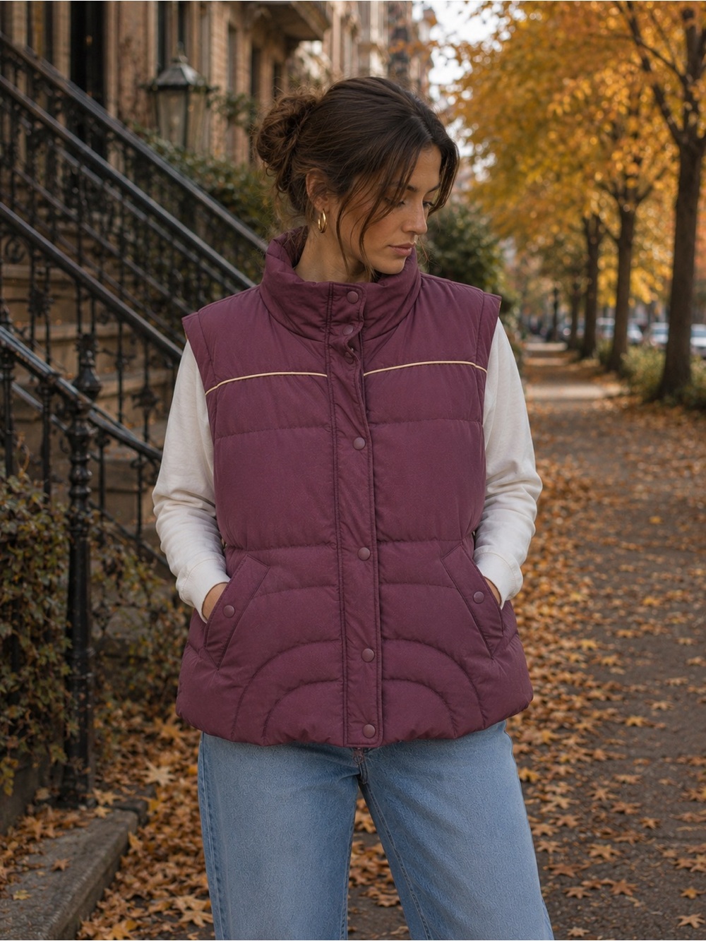 Jacob Quilted Puffer Vest in Plum with Contrast Piping
